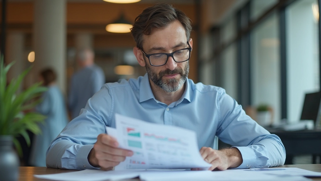 Профессиональный бухгалтер работает с финансовыми отчетами и документами на современном рабочем столе